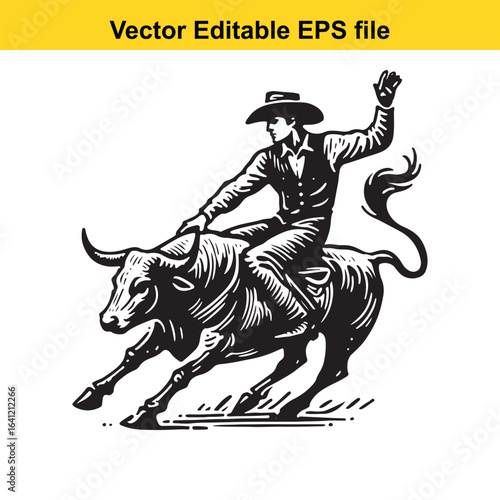 Cowboy Thrown from Bull, bull riding, Vintage Linocut Style Illustration