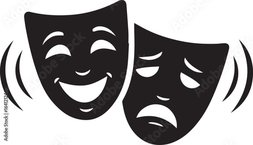 Two theatrical masks representing comedy and tragedy in black and white vector illustration
