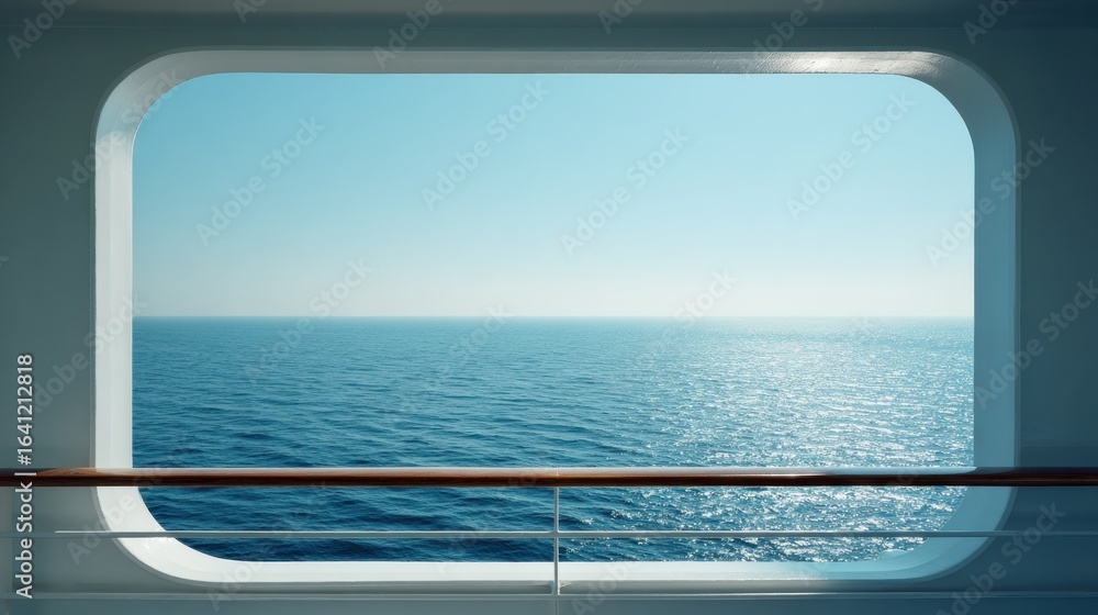 Fototapeta premium Peaceful Ocean View From Large Cruise Ship Window – Minimalistic Modern Interior
