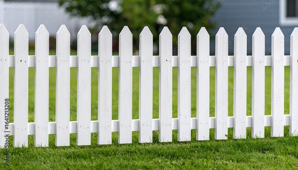 White Picket Fence on Lush Green Lawn  Suburban Home Dream.