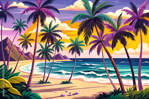 Tropical beach landscape with tall palm trees, golden sand, turquoise sea waves cartoon wallpaper