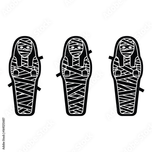 Vector art of three mummies in coffins isolated on white background