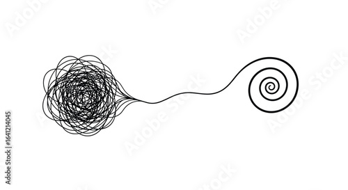 Understanding the transition from chaos to order through visual representation of a tangled line becoming a smooth spiral