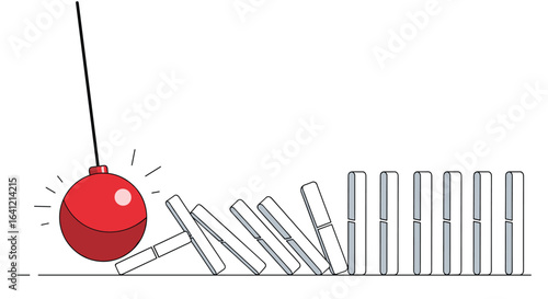 Wrecking ball initiating a chain reaction of falling dominoes demonstrating momentum transfer and cause effect