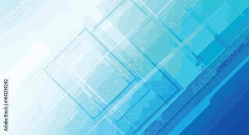 Abstract geometric background with overlapping transparent blue squares and subtle gradients creating a modern digital art style