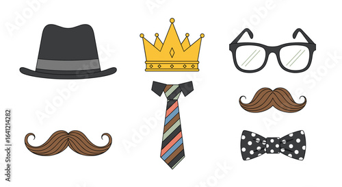 Collection of gentleman accessories featuring a hat crown tie eyeglasses mustaches and bowtie designs