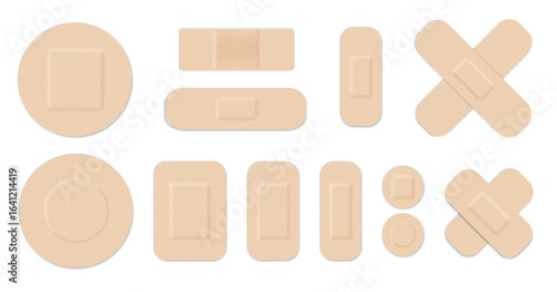 Medical plasters. Bandages set. Adhesive bandage for first aid for wounds operations and skin injuries. Protecting open wound from infection. Vector
