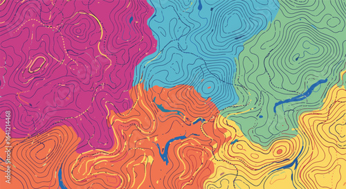 Vibrant abstract landscape with wavy contour lines and colorful regions representing organic shapes