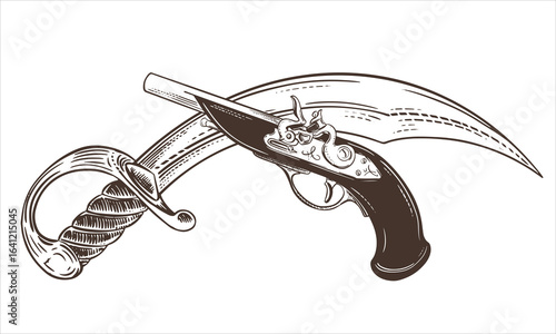 Sabre with curved blade and flintlock pistol. Pirate weapons. Vector sketch of broadsword and firearms of Corsair. Imitation of old engraving.