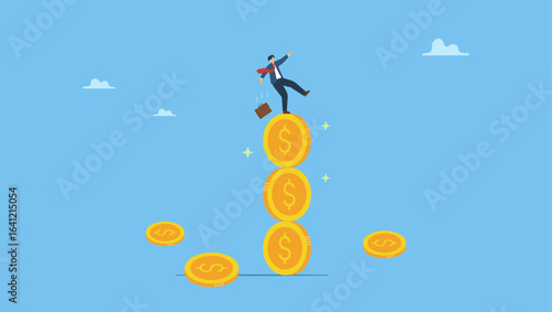 Businessman investor falling from stack of unstable money coins. Financial instability, uncertainty or unstable investment market, risky situation or economic recession, crisis or bankruptcy.