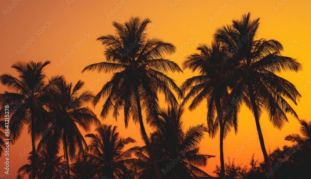 Obraz premium Tropical sunset silhouette palms, ocean background, vacation postcard