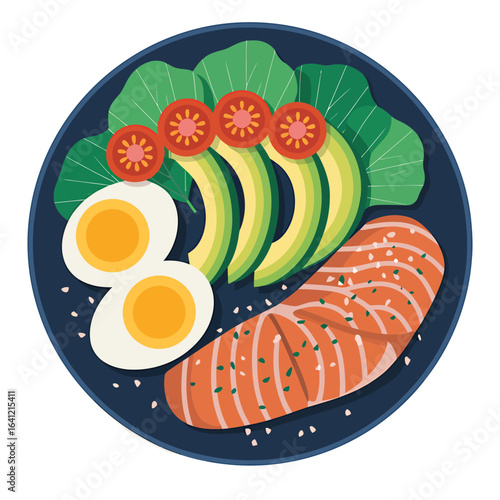 Salmon avocado eggs and greens breakfast vector