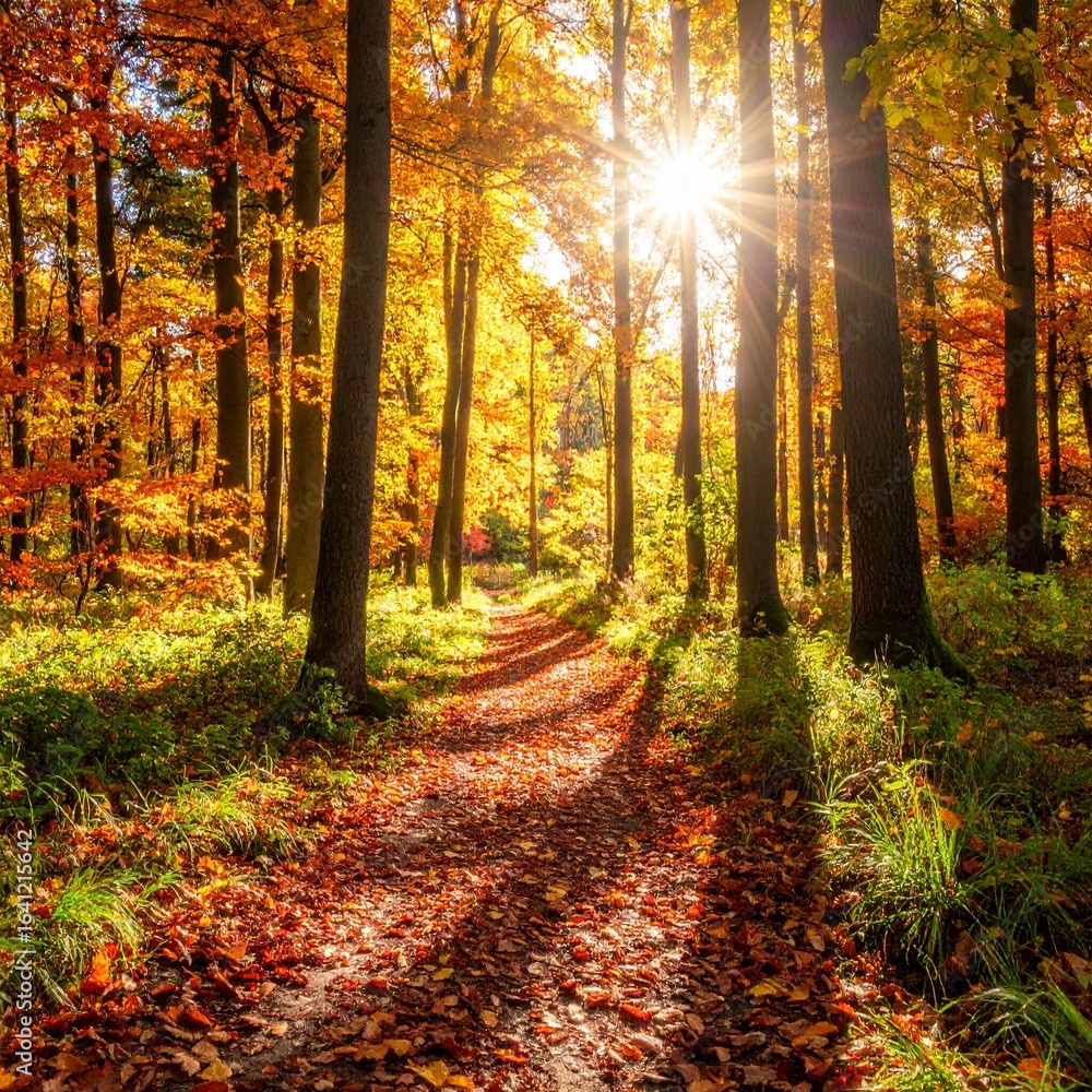 Obraz premium 제목: Balanced Light on a Vibrant Trail설명: A harmonious square image showcasing the balance of vibrant life and strong light along an inviting forest path in autumn.