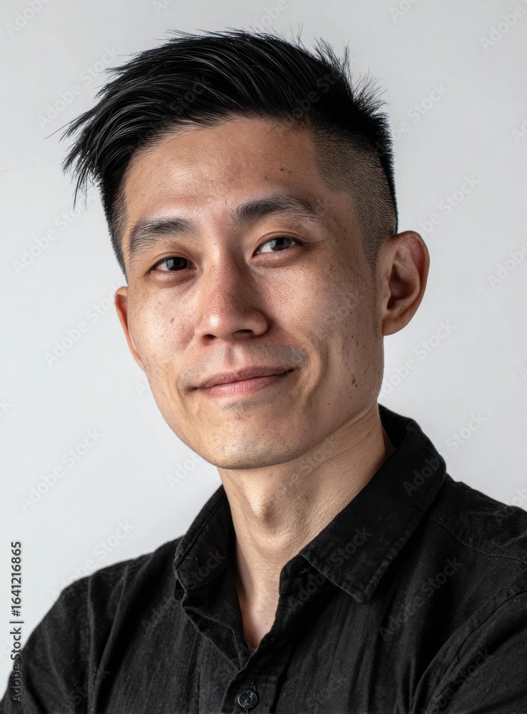 Fototapeta premium A close-up shot showcases a person with short, dark hair and a neutral expression, wearing a dark-colored shirt, against a plain, light-colored background.