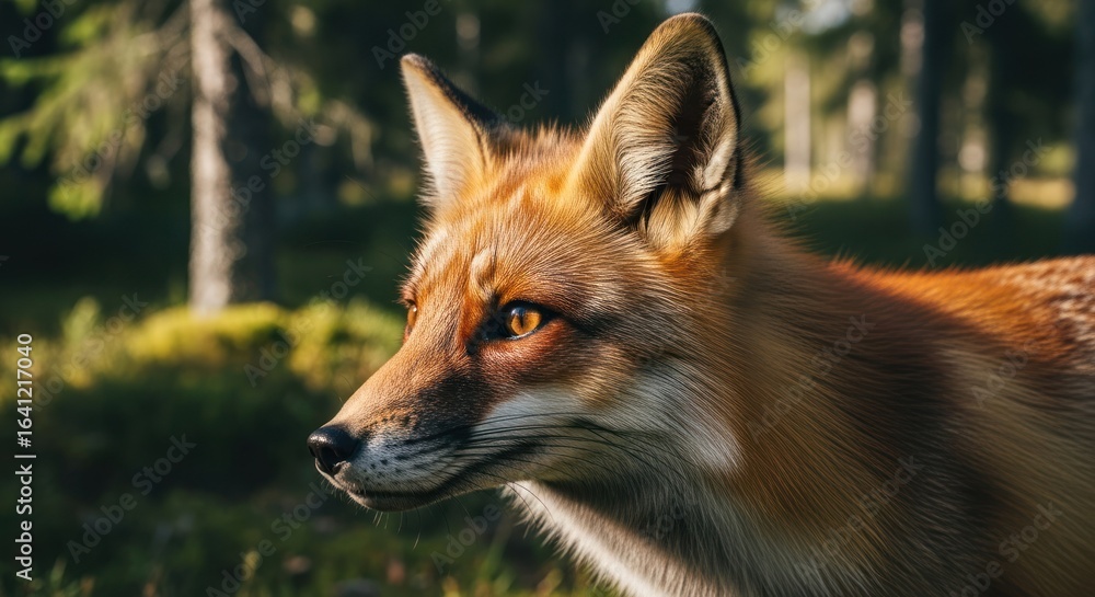 Fototapeta premium Close-up of a red fox in a forest. Sunlight highlights its fur