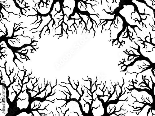Horizontal frame of gloomy silhouettes of curved Trees. Template of creepy Branched trees without leaves, Autumn design with text space for the Halloween Holiday. Black silhouettes of trees background