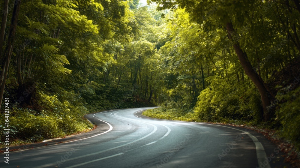 Obraz premium Winding road through a lush green rainforest. Nature landscape of an asphalt highway in a tropical forest. Travel and adventure concept.