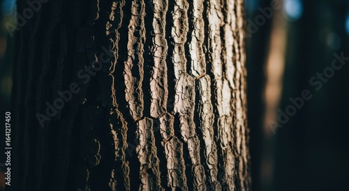 Close-up of a tree trunk's textured bark, lit by sunlight