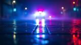 Glowing emergency lights reflecting on wet pavement at night, creating a dramatic atmosphere.