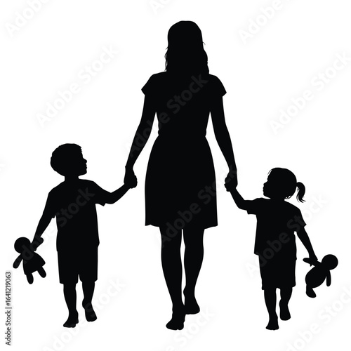 Silhouette of adult walking hand in hand with two children holding teddy bears – black vector illustration symbolizing family and childhood joy