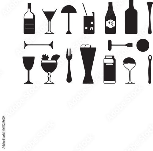 Set of wine bottles and glasses with drink icons and bar beverage symbols vector illustration