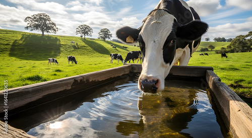 Thirsty Cow Drinking at the Water Trough