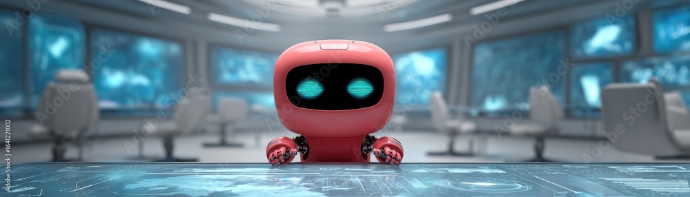 Fototapeta premium A small, red robot with glowing blue eyes sits at a futuristic table in a sleek, high-tech environment, surrounded by modern chairs and large windows, cute ai robot banner