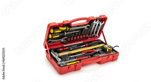 Red toolbox filled with essential tools for home repair and diy projects on a white background image