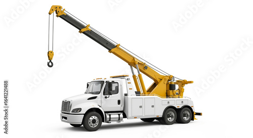 White tow truck with yellow crane arm for roadside assistance and vehicle recovery services isolated