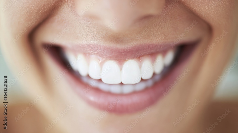 Obraz premium A close-up of a warm-toned smiling mouth with white teeth and soft pink lips, conveying joy and positive emotion,