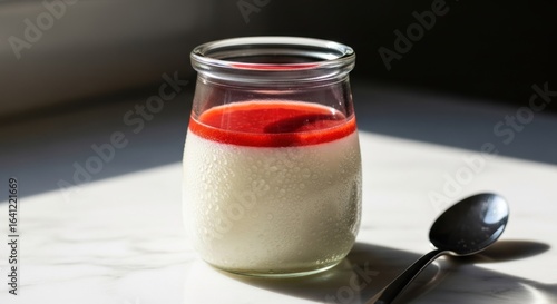 Creamy white panna cotta dessert in a clear glass jar, topped with a layer of vibrant red fruit sauce.  A metal spoon rests beside it on a marble surface, catching the light