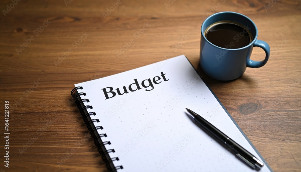 A Warm Cup of Coffee Beside a Notebook with Budget Written on It in a Cozy and Inviting Workspace A Warm Cup of Coffee Beside a Notebook with Budget Written on It in a Cozy and Inviting Workspace