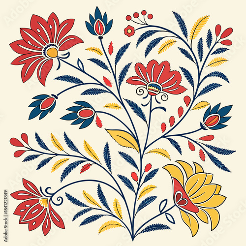 Seamless Phulkari embroidery with bright floral motifs	