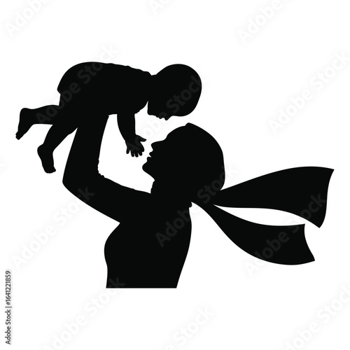 Silhouette of adult lifting baby joyfully into the air – black vector illustration with flowing scarf symbolizing love, care, and parenthood