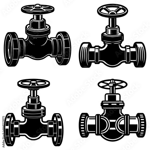 Illustration of four black and white industrial valves with different designs and orientations shown