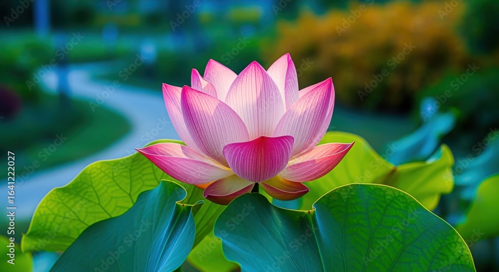 Obraz premium Pink Lotus Flower Blooming in Serene Garden: Symbol of Purity and Enlightenment