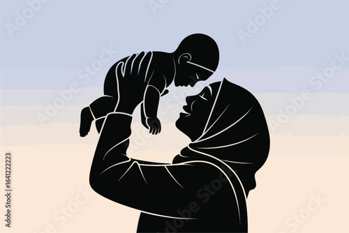 Silhouette of person in headscarf lifting baby joyfully into the air – black vector illustration symbolizing love, care, and parenthood