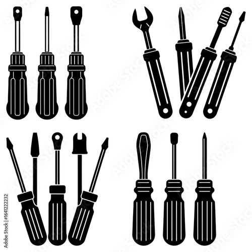Illustration of various screwdrivers and a wrench in black and white design showing tools