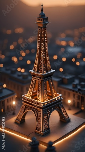 The Eiffel Tower illuminated against the evening sky, showcasing its iconic structure in a warm glow