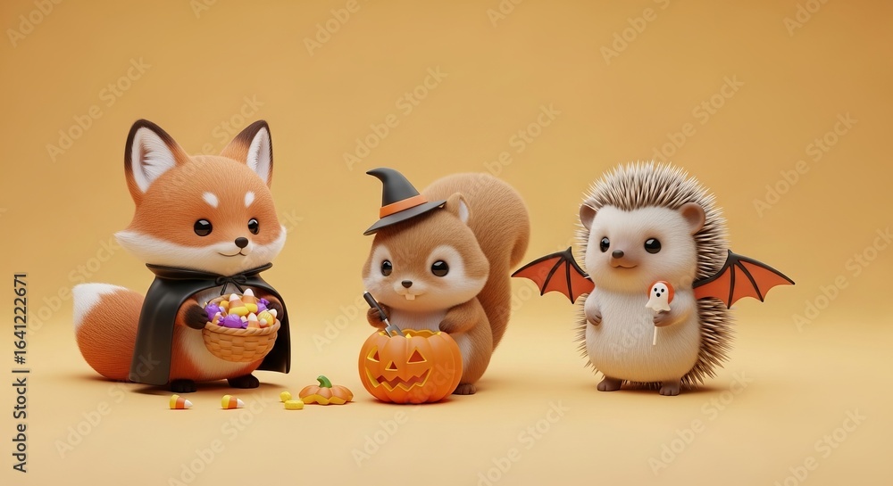 Fototapeta premium Cute Cartoon Animals Celebrating Halloween with Pumpkins and Treats