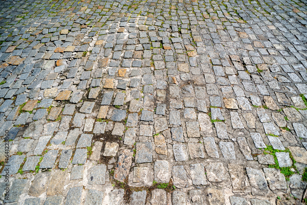 Fototapeta premium A street with stones, sidewalk. Geometric texture. Stones wet from the rain. Background for projects.