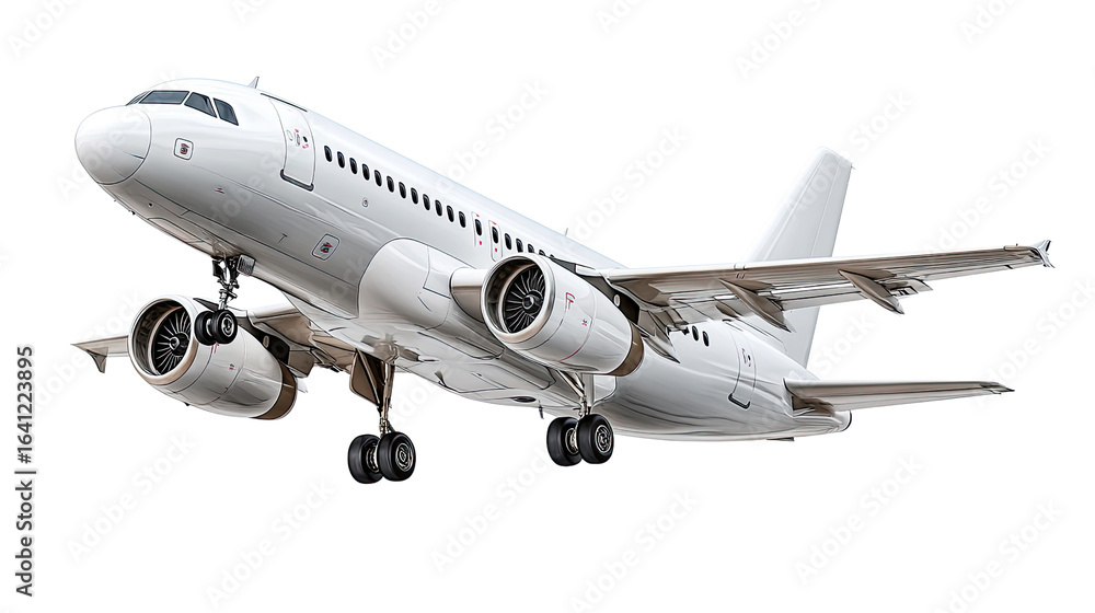 Obraz premium Soaring to New Heights: A sleek, modern passenger jet takes flight against a bright backdrop, embodying the essence of travel and innovation.