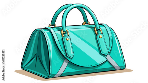  close up turquoise womens bag with handles, on a turquoise background, diagonal arrangement, concept white background,