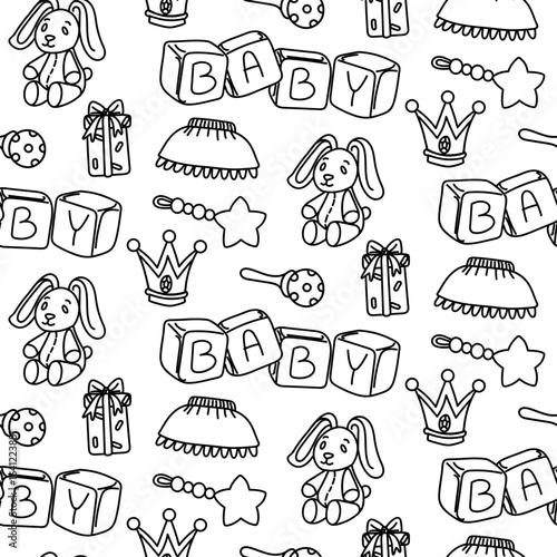 Doodle pattern children's items. Hare, gift, skirt, crown, cubes, rattle, star. Little girl child. Monochrome seamless texture. Black outline on white. Packaging of children's goods