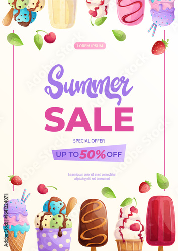 A design template for a summer flyer with various types of ice cream. The concept of sweets, summer, summer sale. Vector illustration in A4 format for posters, banners, promotions, advertisements