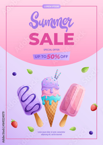 A design template for a summer discount flyer with various types of ice cream. The concept of summer, summer sale. Vector illustration in A4 format for posters, banners, promotions, advertisements