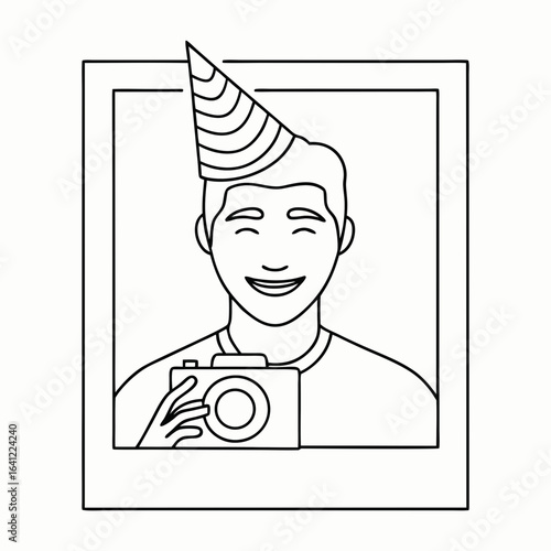 Birthday celebration selfie with party hat icon for festive moments with copy space; birthday selfie icon