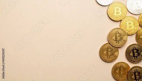 Collection of Shiny Bitcoin Coins Piled Together Reflecting Light and Symbolizing Digital Currency Wealth