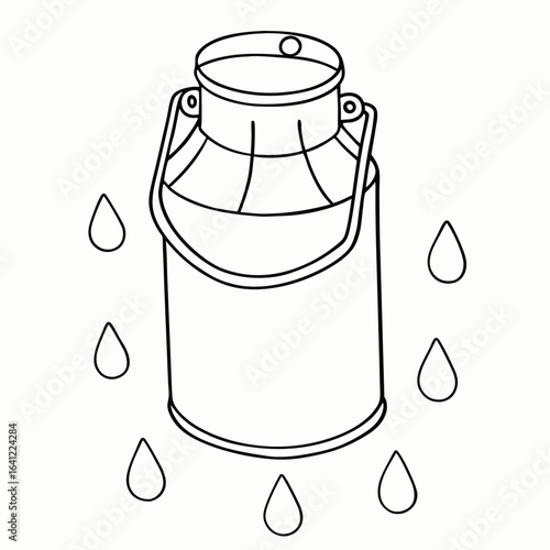 Metal milk churn with falling milk drops illustration for dairy products and farming concepts with copy space