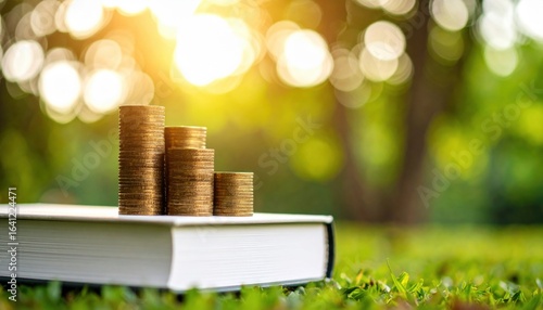 A Creative Composition of Coins Resting on Books Surrounded by Lush Green Grass in Natural Setting